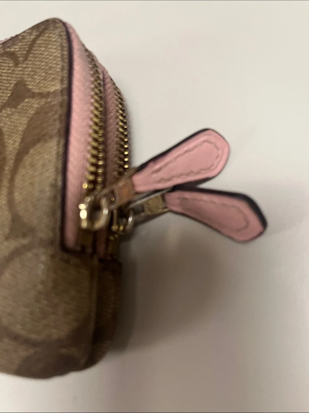 Coach Brown Signature Canvas Wristlet with Pink Trim